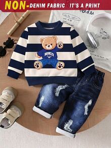SHEIN 2pcs/Set Pakaian Kasual Bayi Laki-laki untuk Kembali ke Sekolah, Balita, Baju Lengan Panjang dan Celana, Setelan Musim Gugur - Biru - View 6