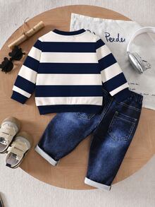 SHEIN 2pcs/Set Pakaian Kasual Bayi Laki-laki untuk Kembali ke Sekolah, Balita, Baju Lengan Panjang dan Celana, Setelan Musim Gugur - Biru - View 5