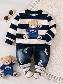 SHEIN 2pcs/Set Pakaian Kasual Bayi Laki-laki untuk Kembali ke Sekolah, Balita, Baju Lengan Panjang dan Celana, Setelan Musim Gugur - Biru - View 2