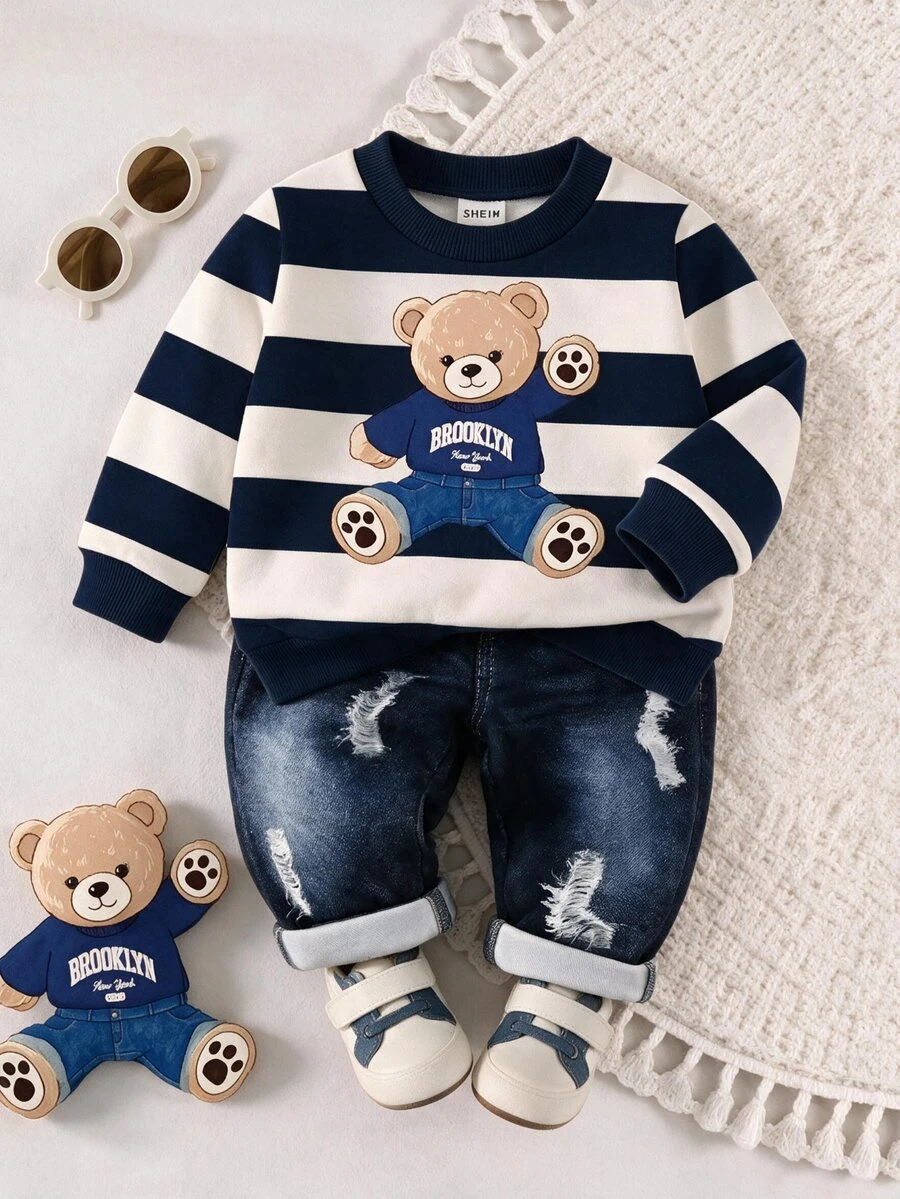 SHEIN 2pcs/Set Pakaian Kasual Bayi Laki-laki untuk Kembali ke Sekolah, Balita, Baju Lengan Panjang dan Celana, Setelan Musim Gugur