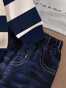 SHEIN 2pcs/Set Pakaian Kasual Bayi Laki-laki untuk Kembali ke Sekolah, Balita, Baju Lengan Panjang dan Celana, Setelan Musim Gugur - Biru - View 10