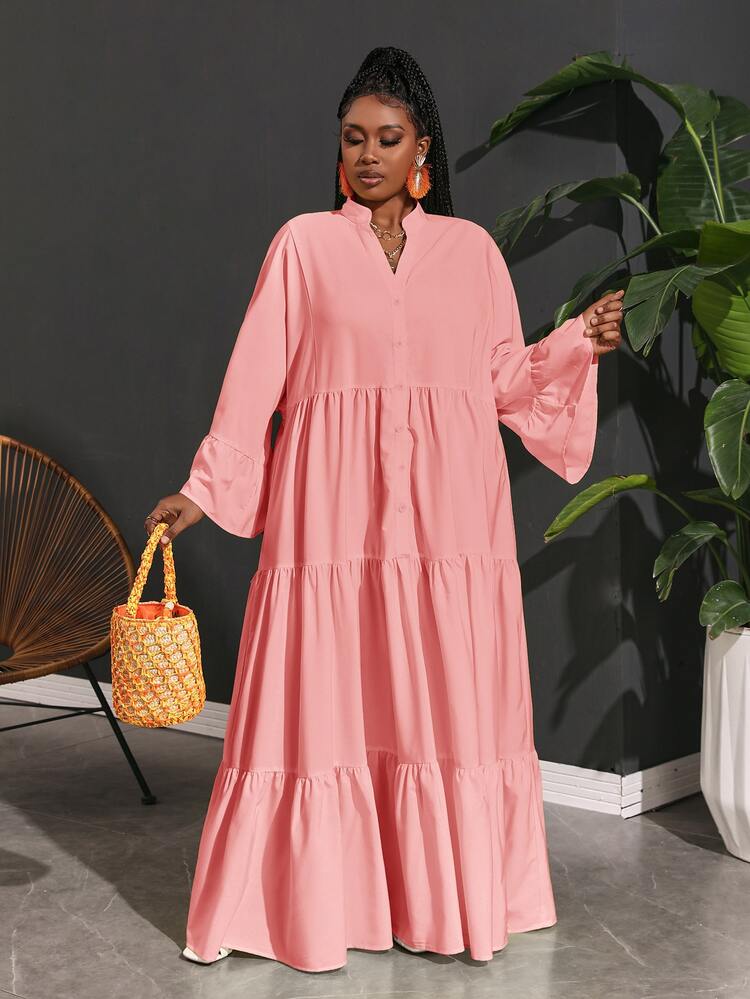 Veslaya Slayr Plus Vacation Casual Boho Elegant Woven Loose Fit A-Line Plus Size Women's Shirt Dress Autumn Brunch Formal Light Pink - Pink - View 5
