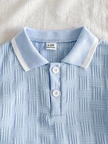 SHEIN Vintaside Kids Baby Boy Summer Collared Short Sleeve Casual Modest Outfit With Versatile White Shorts Set Suitable For Daily Back-To-School Graduation Light Blue - Blue and White - View 10