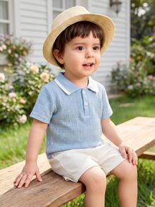 SHEIN Vintaside Kids Baby Boy Summer Collared Short Sleeve Casual Modest Outfit With Versatile White Shorts Set Suitable For Daily Back-To-School Graduation Light Blue - Blue and White - View 5