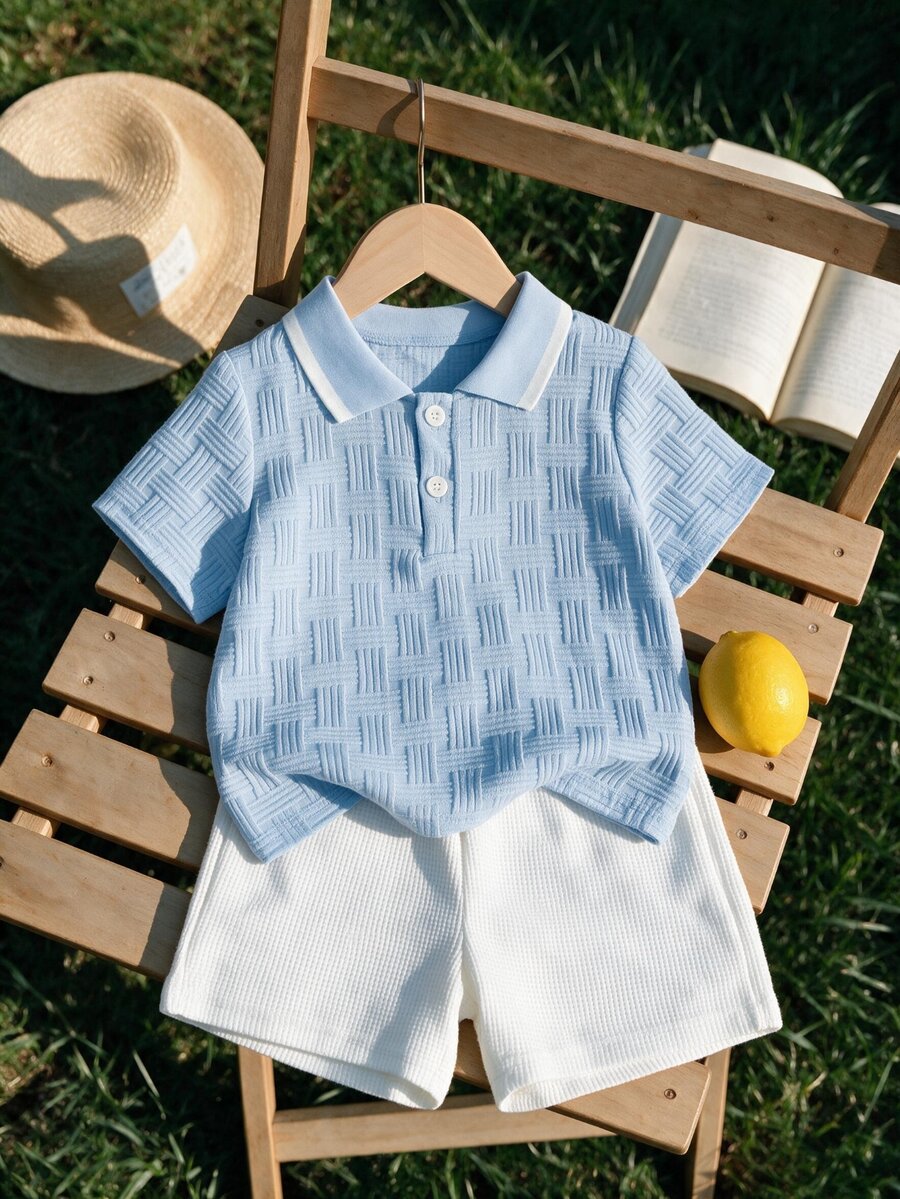 SHEIN Vintaside Kids Baby Boy Summer Collared Short Sleeve Casual Modest Outfit With Versatile White Shorts Set Suitable For Daily Back-To-School Graduation Light Blue