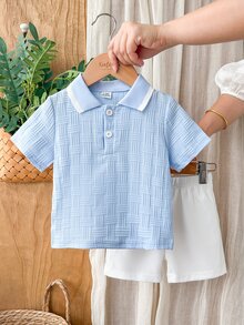 SHEIN Vintaside Kids Baby Boy Summer Collared Short Sleeve Casual Modest Outfit With Versatile White Shorts Set Suitable For Daily Back-To-School Graduation Light Blue - Blue and White - View 7