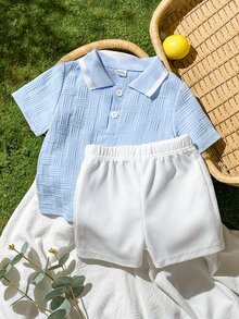 SHEIN Vintaside Kids Baby Boy Summer Collared Short Sleeve Casual Modest Outfit With Versatile White Shorts Set Suitable For Daily Back-To-School Graduation Light Blue - Blue and White - View 8