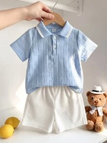 SHEIN Vintaside Kids Baby Boy Summer Collared Short Sleeve Casual Modest Outfit With Versatile White Shorts Set Suitable For Daily Back-To-School Graduation Light Blue - Blue and White - View 6