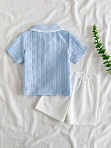 SHEIN Vintaside Kids Baby Boy Summer Collared Short Sleeve Casual Modest Outfit With Versatile White Shorts Set Suitable For Daily Back-To-School Graduation Light Blue - Blue and White - View 3