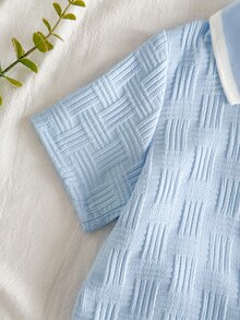 SHEIN Vintaside Kids Baby Boy Summer Collared Short Sleeve Casual Modest Outfit With Versatile White Shorts Set Suitable For Daily Back-To-School Graduation Light Blue - Blue and White - View 11