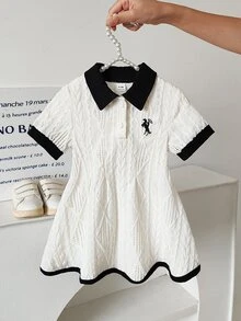 SHEIN Baby Girl White Casual Dress, 1pc, Ribbed Collar, Ribbed Cuffs, Casual, Outdoor, Suitable For Sports, Party - Black and White - View 2