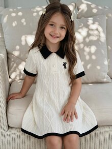 SHEIN Baby Girl White Casual Dress, 1pc, Ribbed Collar, Ribbed Cuffs, Casual, Outdoor, Suitable For Sports, Party - Black and White - View 3