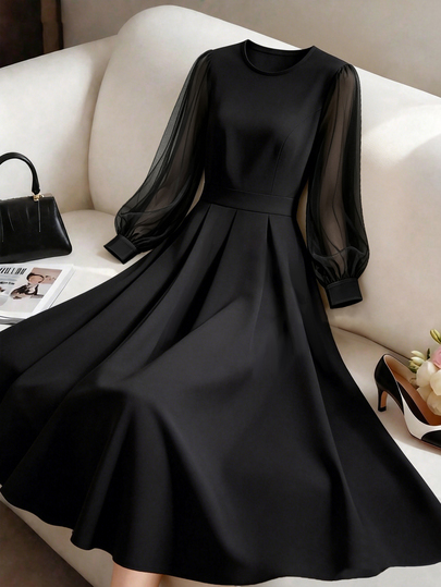 GlowEve CURVE Plus Size Women's Autumn/Winter Fashion Casual Daily All-Match Versatile Black Transparent Mesh Sleeve Black Dress