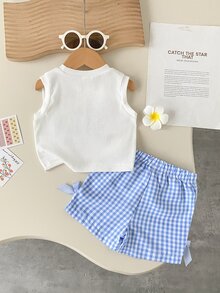 SHEIN 女婴夏季蓝色纹理无袖上衣和蓝色格子短裤套装，饰有蓝色蝴蝶结，日常必备单品 - 藍色 - 查看 3