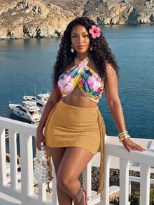 Veslaya 優雅夏季女款兩件式性感 Y2K 套裝，白色黃色花卉印花抹胸貼身洋裝 + 流蘇綁帶迷你裙，海灘度假 - 黃色 - 查看 7