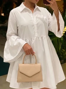Veslaya Casual Elegant Dress, Light White Ruffle Bell Sleeve Loose A ...