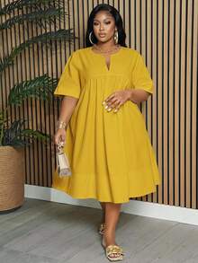 Slaydiva Gaun Wanita Ukuran Plus Elegan & Cocok untuk Perjalanan & Liburan & Kasual, Lengan Pendek Warna Putih Polos dengan Kerah Berlekuk, Model A-Line, Panjang Selutut, Musim Semi/Panas - Kuning - View 1
