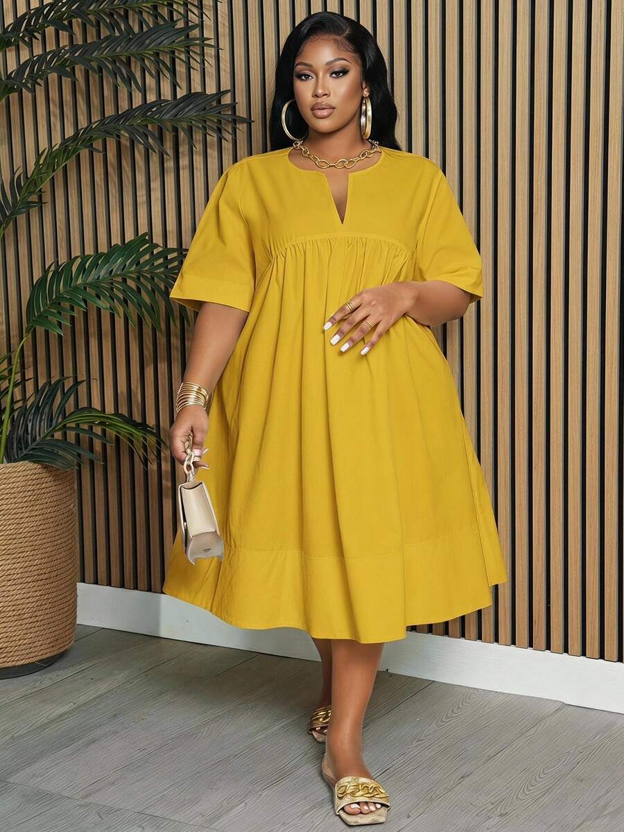 Slaydiva Gaun Wanita Ukuran Plus Elegan & Cocok untuk Perjalanan & Liburan & Kasual, Lengan Pendek Warna Putih Polos dengan Kerah Berlekuk, Model A-Line, Panjang Selutut, Musim Semi/Panas - Kuning - View 1