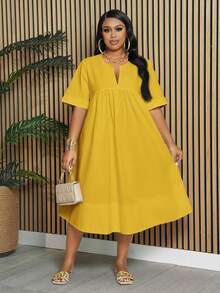 Slaydiva Gaun Wanita Ukuran Plus Elegan & Cocok untuk Perjalanan & Liburan & Kasual, Lengan Pendek Warna Putih Polos dengan Kerah Berlekuk, Model A-Line, Panjang Selutut, Musim Semi/Panas - Kuning - View 6