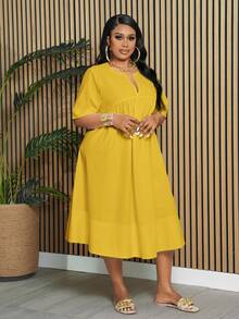 Slaydiva Gaun Wanita Ukuran Plus Elegan & Cocok untuk Perjalanan & Liburan & Kasual, Lengan Pendek Warna Putih Polos dengan Kerah Berlekuk, Model A-Line, Panjang Selutut, Musim Semi/Panas - Kuning - View 4
