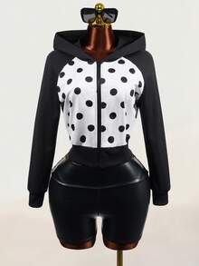Mistrie 女款波點印花插肩袖長袖拉鍊連帽外套 - 黑與白 - 查看 5
