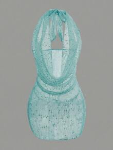 Sirith Women's New Solid Color Plunging Neckline Design Sexy Cover-Up Top For Summer - Blue - View 5