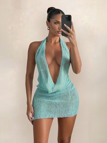 Sirith Women's New Solid Color Plunging Neckline Design Sexy Cover-Up Top For Summer - Blue - View 1