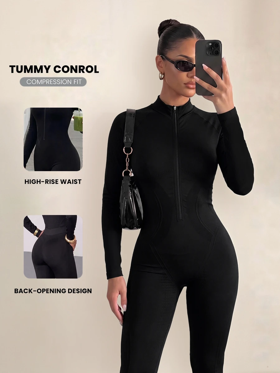 Sirith Long Sleeve Zipper Back Detachable Sports Yoga Fitness Jumpsuit/ - Black - View 1
