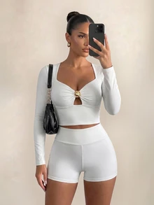 Sirith Summer 2 Pieces Set Long Sleeve Tank Top With Trim And Long Pants Elegant Sportswear - White - View 1