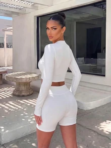 Sirith Summer 2 Pieces Set Long Sleeve Tank Top With Trim And Long Pants Elegant Sportswear - White - View 2