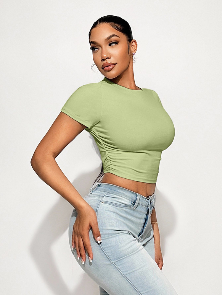 Sirith Women's Solid Color Round Neck Short Sleeve Pleated Cropped Fitted Casual T-Shirt, Summer - Green - View 4