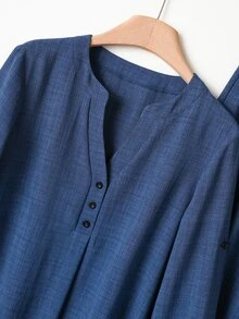 Rusticease Women Casual Solid Color Button Half Placket Roll Sleeve Top With Long Pants Business Teacher Outfits Modest Homewear Travel Slate Blue Autumn - Navy Blue - View 5