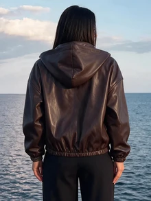 Sirith Women's Zipper Pocket Long Sleeve PU Material Hooded Jacket - Brown - View 2