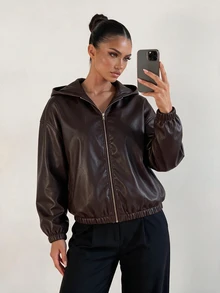 Sirith Women's Zipper Pocket Long Sleeve PU Material Hooded Jacket - Brown - View 8