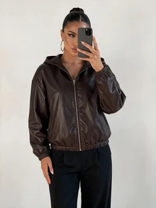 Sirith Women's Zipper Pocket Long Sleeve PU Material Hooded Jacket - Brown - View 5