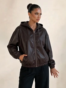 Sirith Women's Zipper Pocket Long Sleeve PU Material Hooded Jacket - Brown - View 1