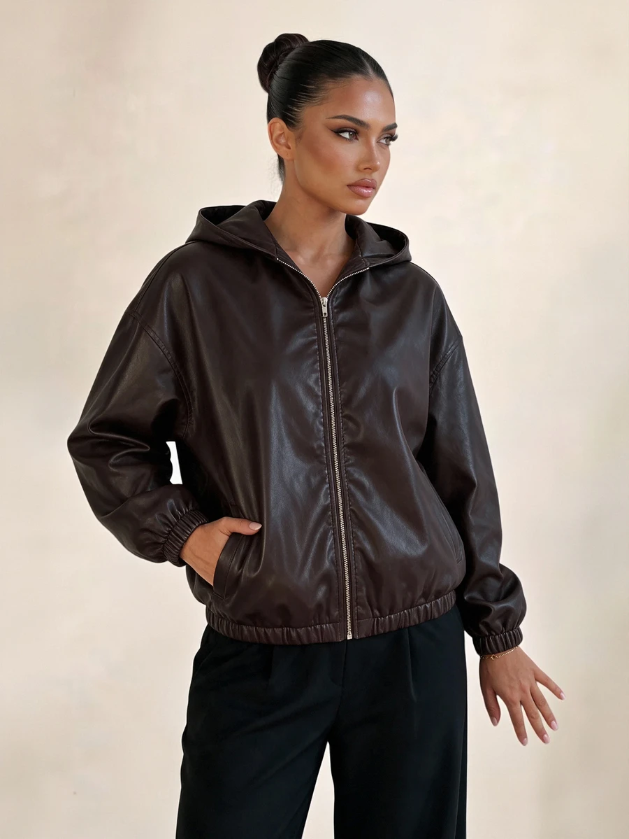 Sirith Women's Zipper Pocket Long Sleeve PU Material Hooded Jacket - Brown - View 1