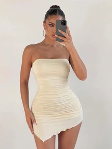 Sirith Women's Strapless High Elastic Mesh Sheer Ruched Waist Sexy Tropical Sweet Dress For Vacation, Date Club, Party And Outdoor Pale Yellow Summer - Pale Yellow - View 8