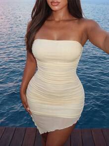 Sirith Women's Strapless High Elastic Mesh Sheer Ruched Waist Sexy Tropical Sweet Dress For Vacation, Date Club, Party And Outdoor Pale Yellow Summer - Pale Yellow - View 10