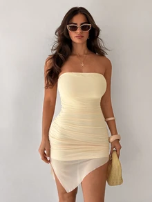 Sirith Women's Strapless High Elastic Mesh Sheer Ruched Waist Sexy Tropical Sweet Dress For Vacation, Date Club, Party And Outdoor Pale Yellow Summer - Pale Yellow - View 4
