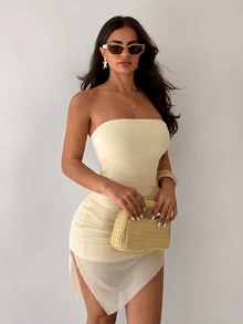 Sirith Women's Strapless High Elastic Mesh Sheer Ruched Waist Sexy Tropical Sweet Dress For Vacation, Date Club, Party And Outdoor Pale Yellow Summer - Pale Yellow - View 5