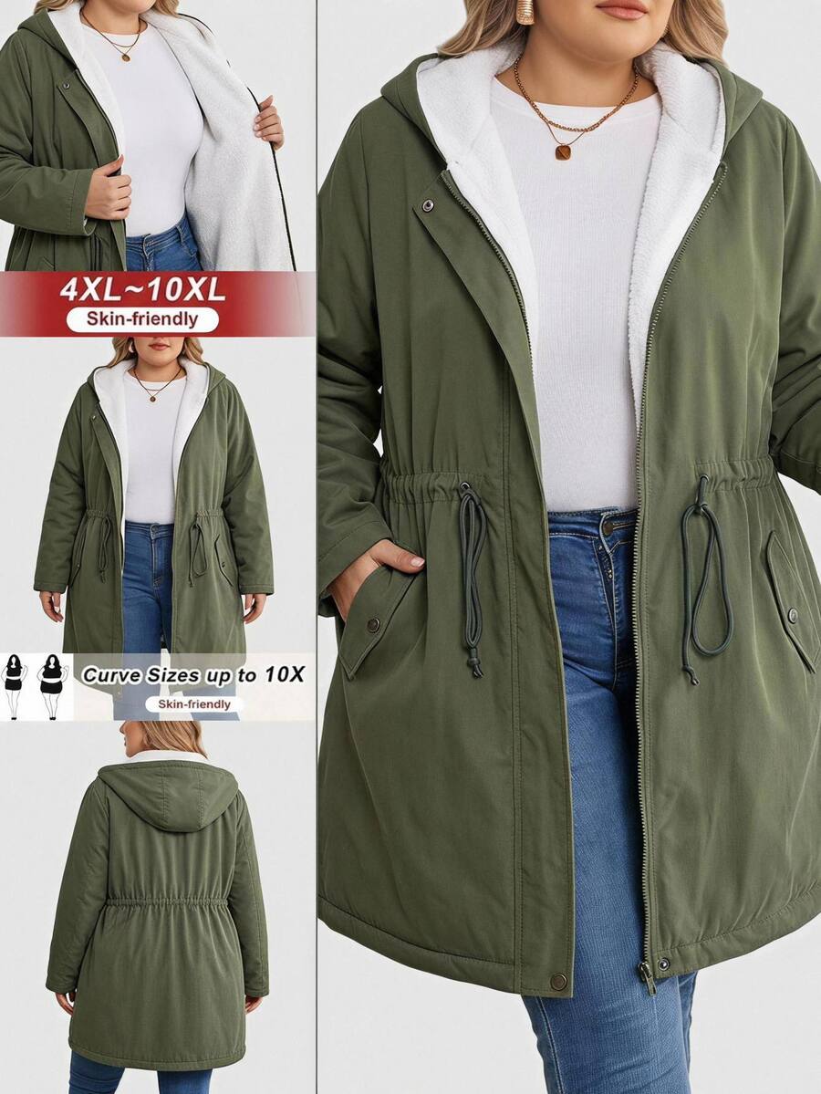 SHEIN CURVE+ Plus Size Zipper Drawstring Long Sleeve Hooded Fleece Jacket Winter - Army Green - View 1