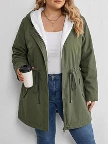 SHEIN CURVE+ Plus Size Zipper Drawstring Long Sleeve Hooded Fleece Jacket Winter - Army Green - View 6