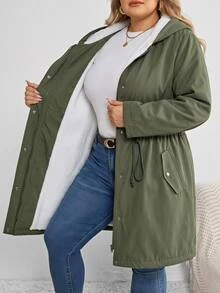 SHEIN CURVE+ Plus Size Zipper Drawstring Long Sleeve Hooded Fleece Jacket Winter - Army Green - View 3