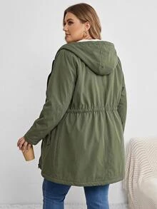 SHEIN CURVE+ Plus Size Zipper Drawstring Long Sleeve Hooded Fleece Jacket Winter - Army Green - View 4