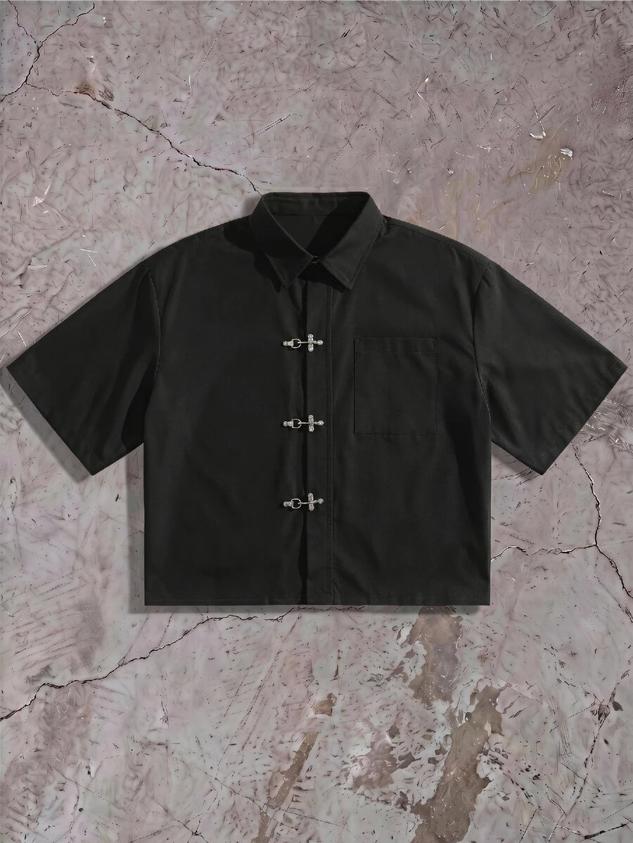 ESTAVOR Men's Short Plaid Short Sleeve Button Down Loose Casual Shirt,Summer,Holiday,Daily Wear Shirt, Cargo Short Shirt, - Black - View 1