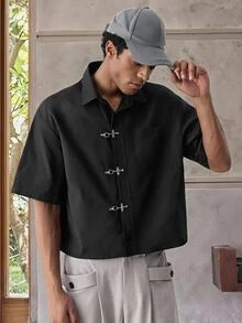 ESTAVOR Men's Short Plaid Short Sleeve Button Down Loose Casual Shirt,Summer,Holiday,Daily Wear Shirt, Cargo Short  Shirt, - Black - View 6