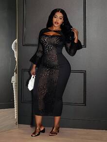 Veslaya Women's Plus Size Bodycon Dress,Autumn Elegant Formal Evening Black Sheer Mesh Patchwork Hollow Out Twist Knot Flare Sleeve Night Out Club Dress - Black - View 6
