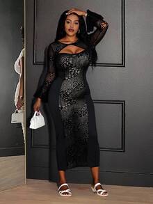 Veslaya Women's Plus Size Bodycon Dress,Autumn Elegant Formal Evening Black Sheer Mesh Patchwork Hollow Out Twist Knot Flare Sleeve Night Out Club Dress - Black - View 4