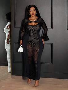 Veslaya Women's Plus Size Bodycon Dress,Autumn Elegant Formal Evening Black Sheer Mesh Patchwork Hollow Out Twist Knot Flare Sleeve Night Out Club Dress - Black - View 5